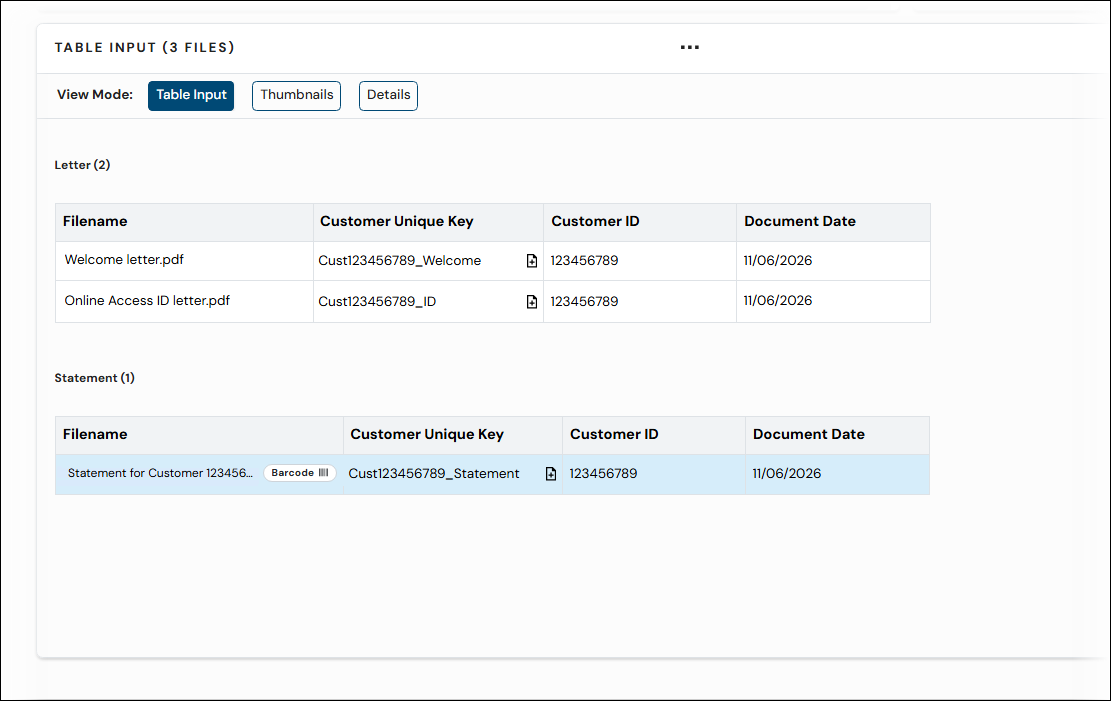 The Table Input pane of an upload with two document definition tables displayed.
